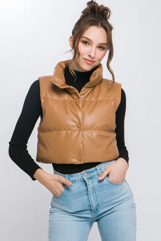 Faux Leather Cropped Puffer Vest with Snap Button
