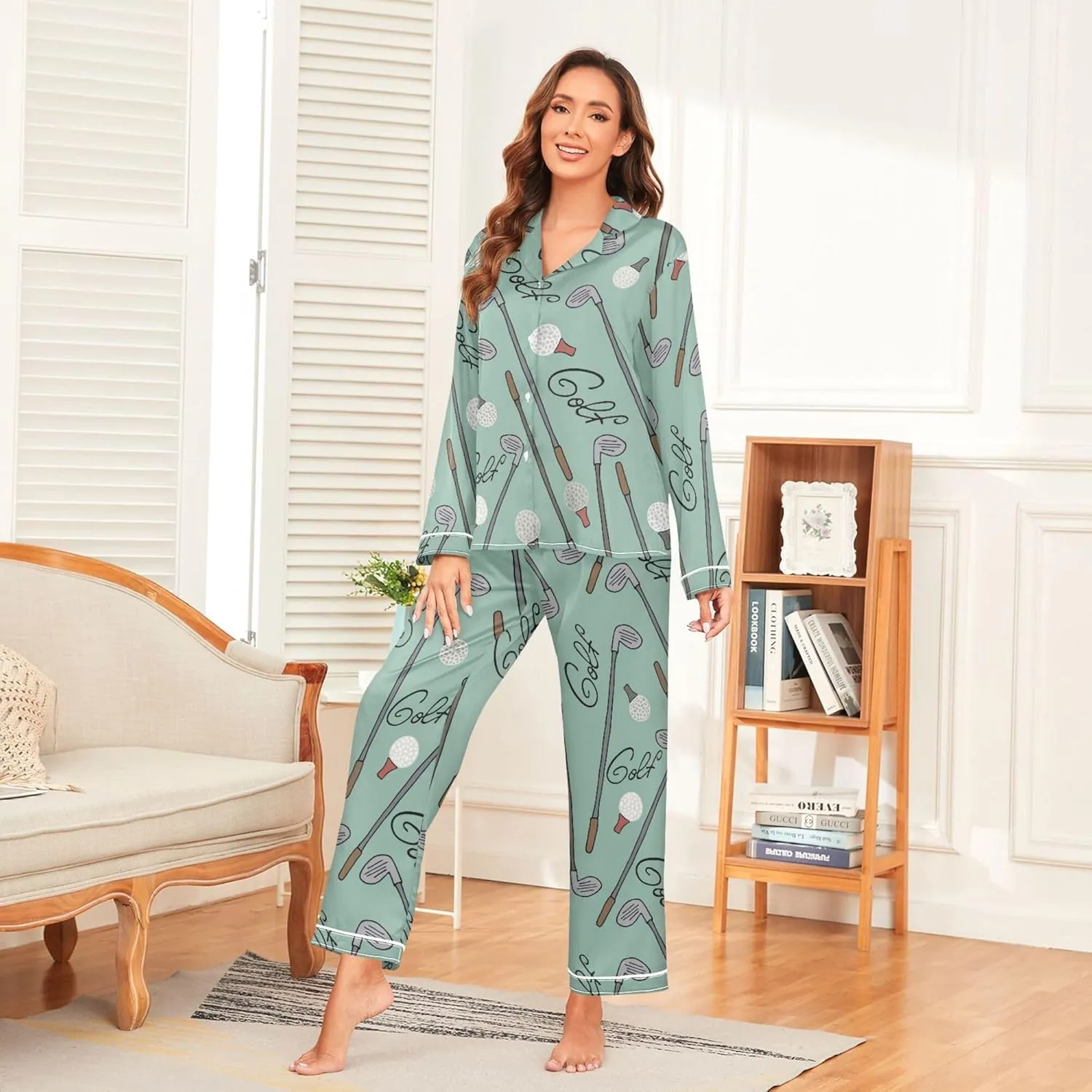 Fisyme Womens Satin Pajama Set Long Sleeve Button Down Sleepwear Nightwear Loungewear Pj Sets S-XXL