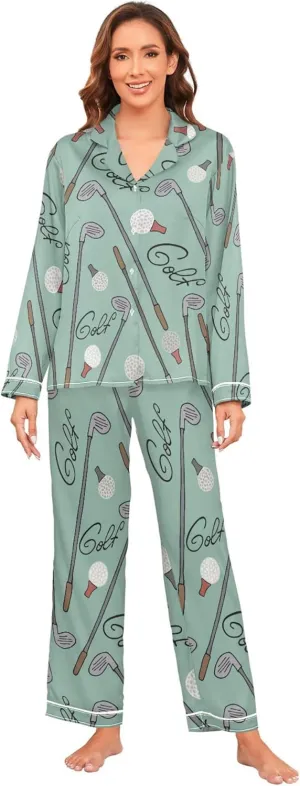 Fisyme Womens Satin Pajama Set Long Sleeve Button Down Sleepwear Nightwear Loungewear Pj Sets S-XXL
