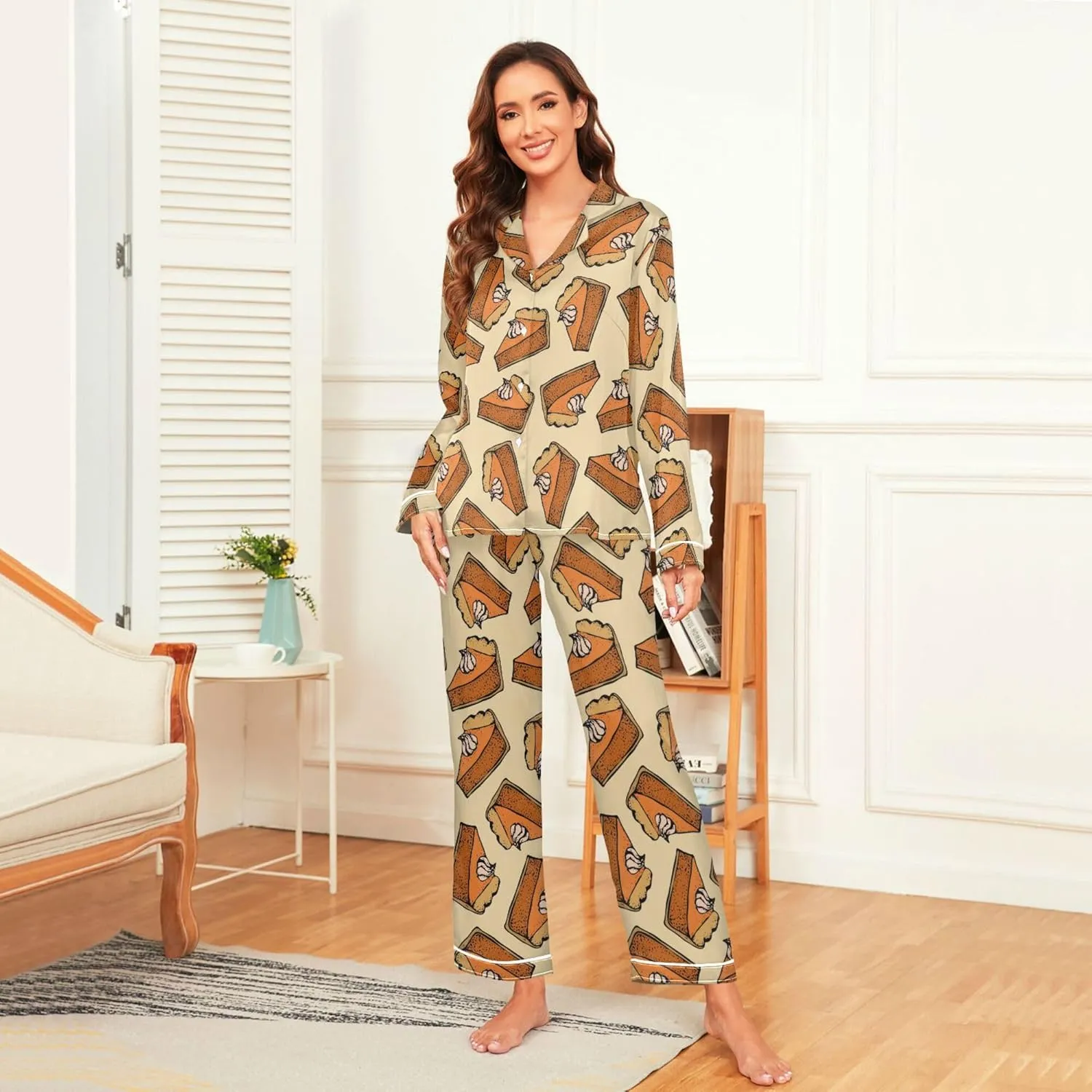 Fisyme Womens Satin Pajama Set Long Sleeve Button Down Sleepwear Nightwear Loungewear Pj Sets S-XXL
