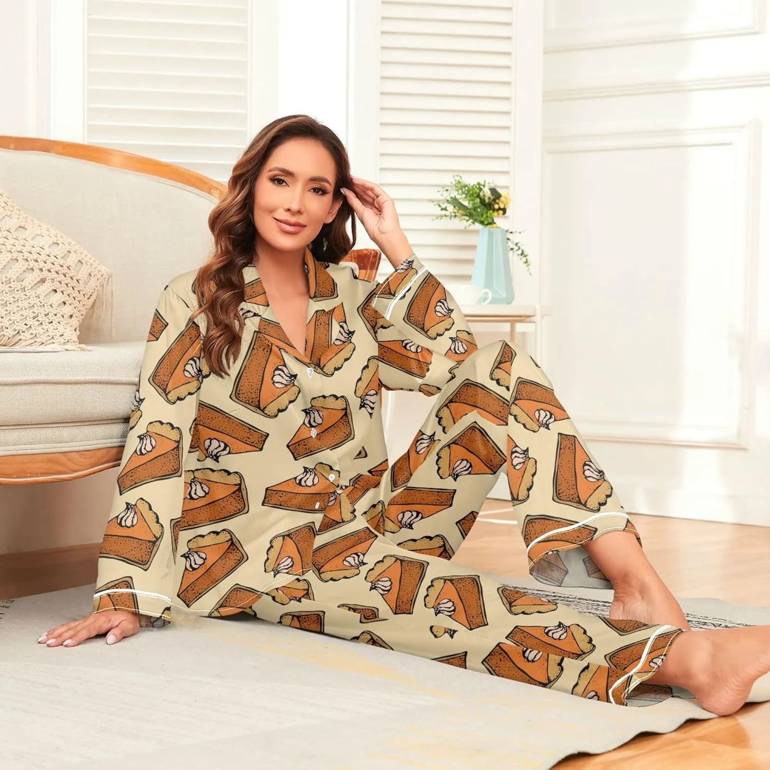Fisyme Womens Satin Pajama Set Long Sleeve Button Down Sleepwear Nightwear Loungewear Pj Sets S-XXL