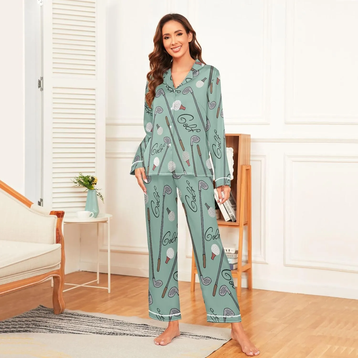 Fisyme Womens Satin Pajama Set Long Sleeve Button Down Sleepwear Nightwear Loungewear Pj Sets S-XXL