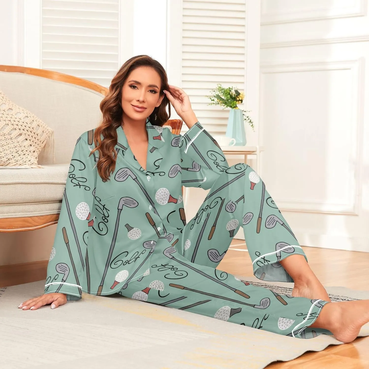 Fisyme Womens Satin Pajama Set Long Sleeve Button Down Sleepwear Nightwear Loungewear Pj Sets S-XXL