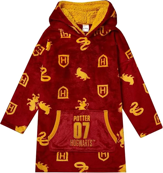 Harry Potter Kids Blanket Hoodie Oversized Fleece Ultra Soft and Cosy Hogwarts All Over Print Red One Size