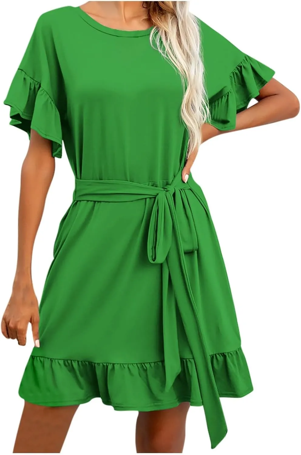 HGps8w Summer Dresses for Women 2025 Casual Crewneck Ruffle Short Sleeve A Line Mini Tshirt Dress with Belt