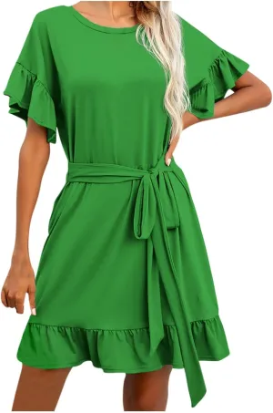HGps8w Summer Dresses for Women 2025 Casual Crewneck Ruffle Short Sleeve A Line Mini Tshirt Dress with Belt