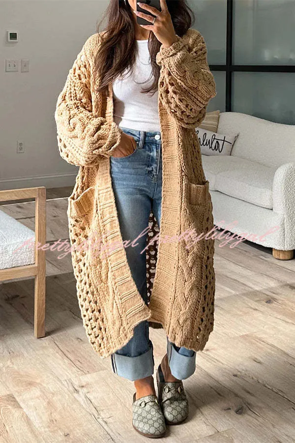 Jamila Knit Cable Cotout Long Sleeve Pocket Oversized Midi Cardigan
