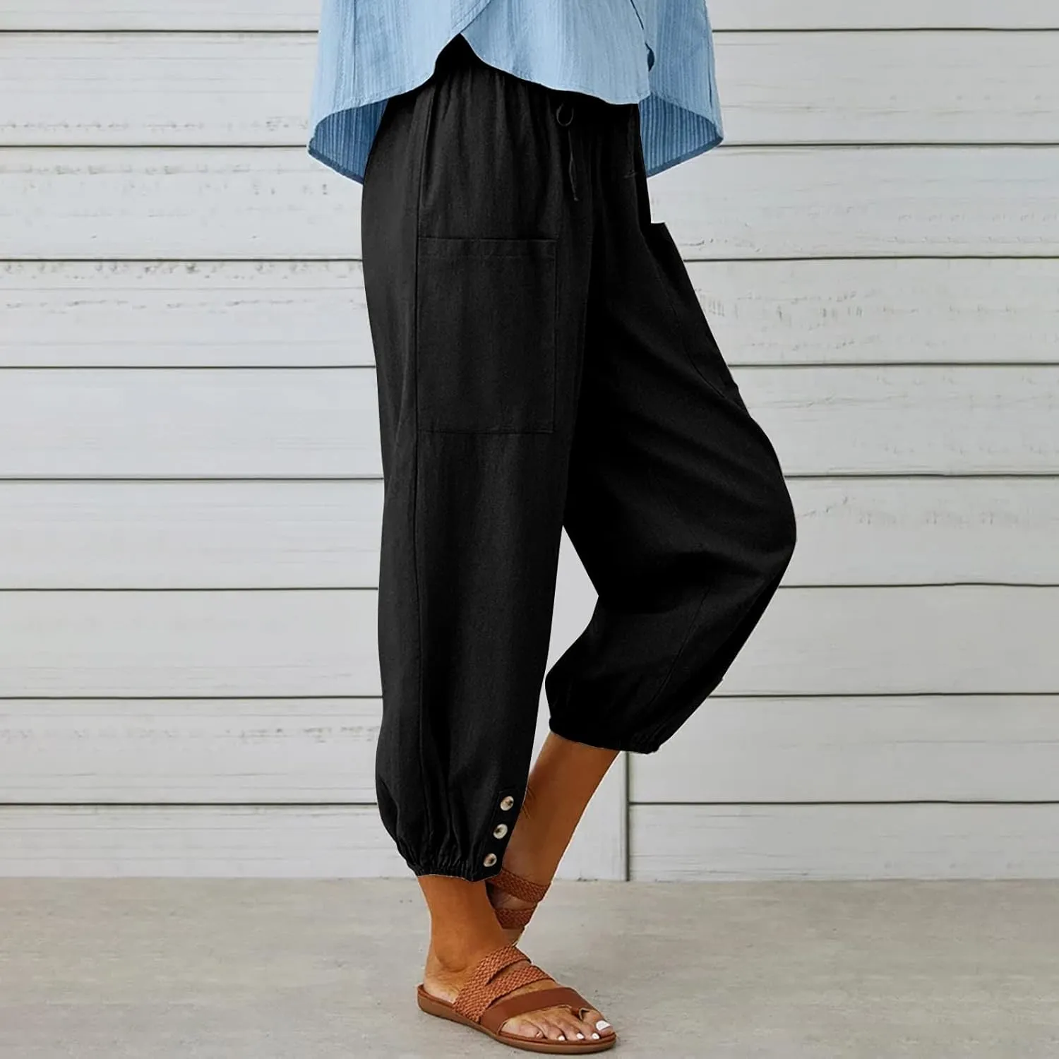 jsaierl Women Cotton Linen Pants High Waisted Drawstring Button Down Wide Leg Pants Casual Summer Trousers with Front Pockets