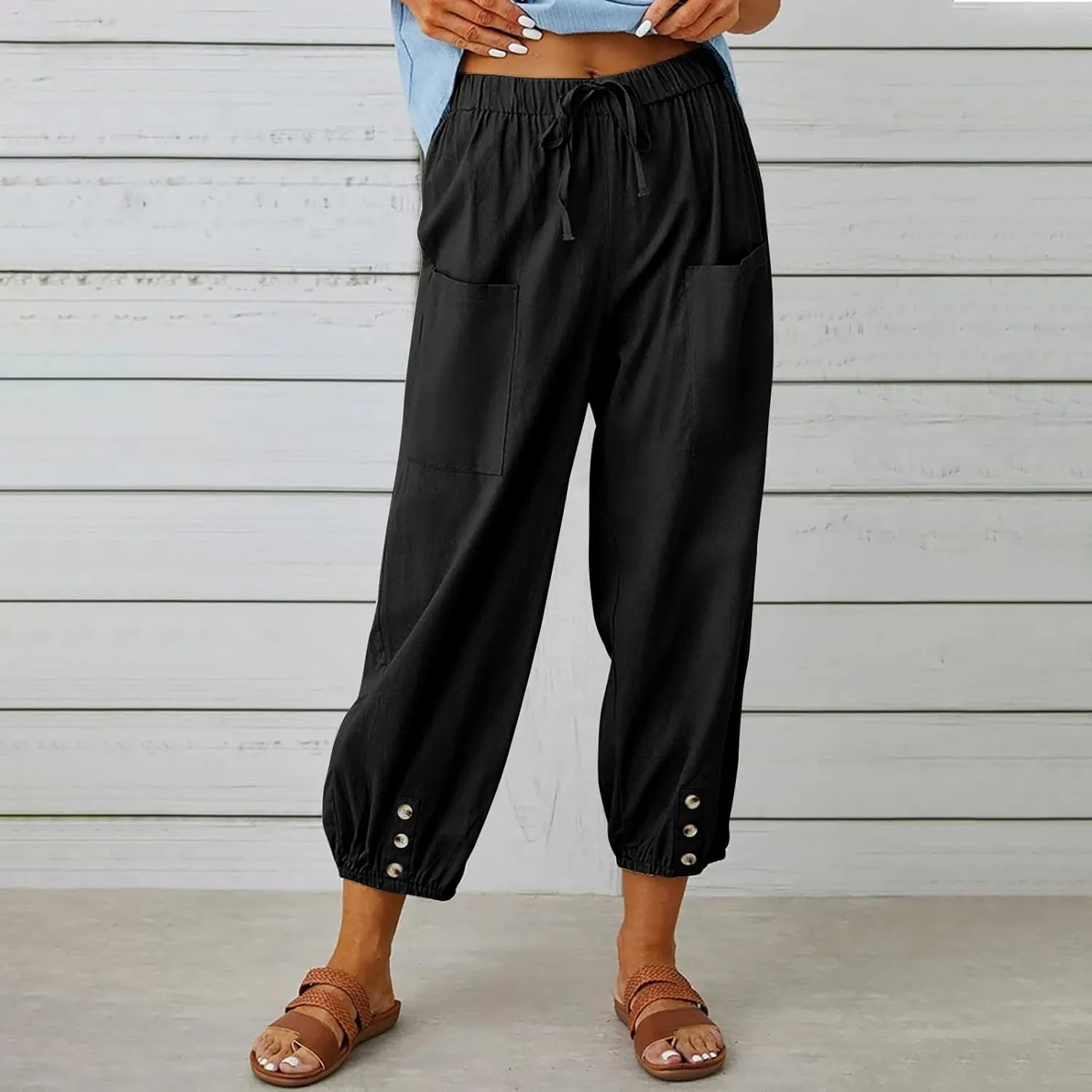 jsaierl Women Cotton Linen Pants High Waisted Drawstring Button Down Wide Leg Pants Casual Summer Trousers with Front Pockets