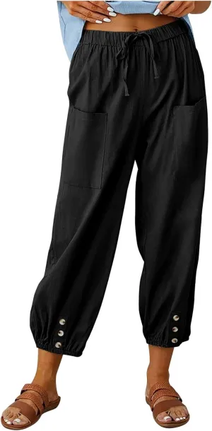 jsaierl Women Cotton Linen Pants High Waisted Drawstring Button Down Wide Leg Pants Casual Summer Trousers with Front Pockets