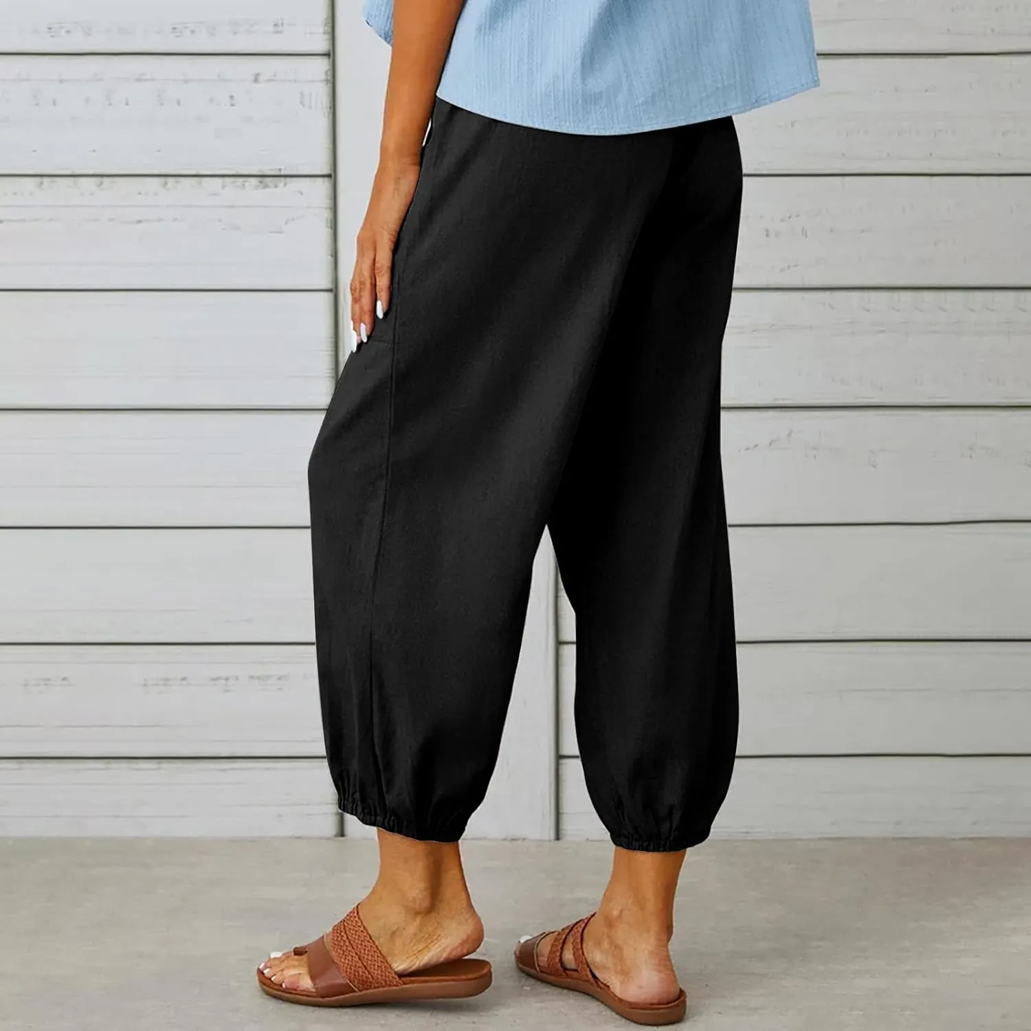 jsaierl Women Cotton Linen Pants High Waisted Drawstring Button Down Wide Leg Pants Casual Summer Trousers with Front Pockets