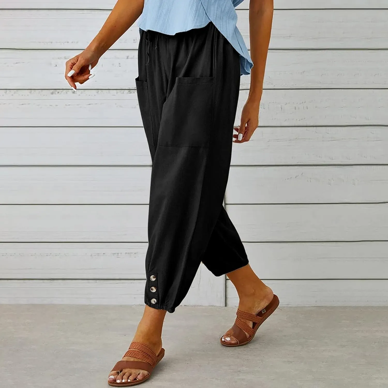 jsaierl Women Cotton Linen Pants High Waisted Drawstring Button Down Wide Leg Pants Casual Summer Trousers with Front Pockets