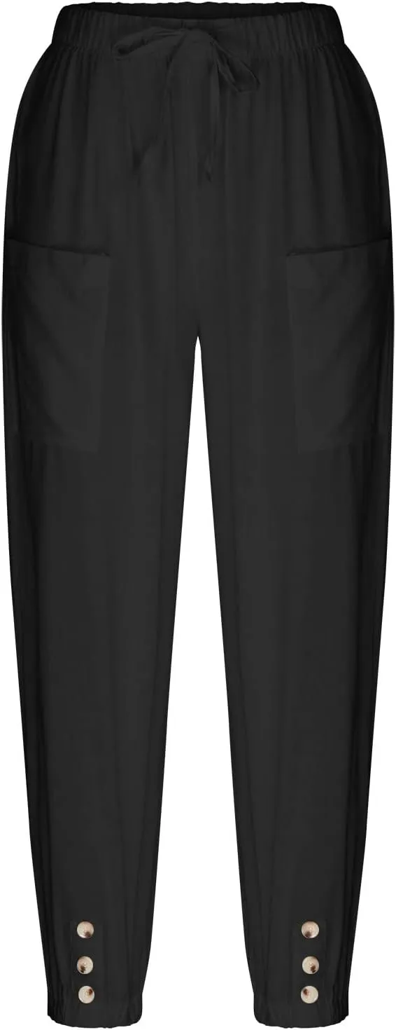 jsaierl Women Cotton Linen Pants High Waisted Drawstring Button Down Wide Leg Pants Casual Summer Trousers with Front Pockets