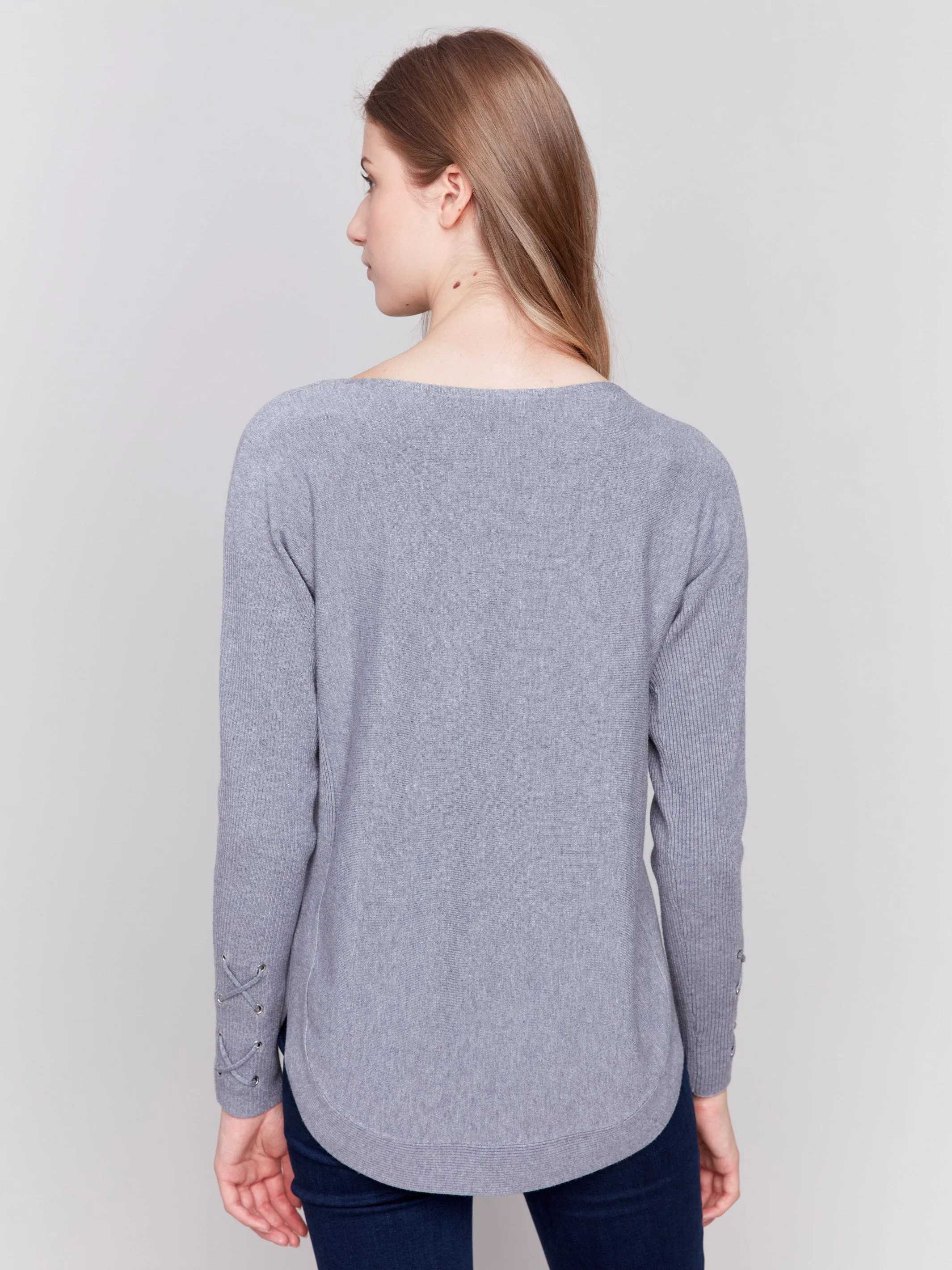 Knit Sweater With Lace-Up Cuffs - Grey - H-Grey