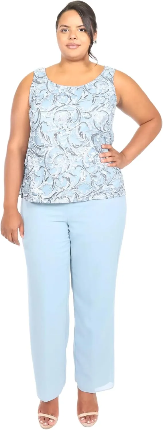Le Bos Women's 3-Piece Pant Set with Embroidered Sleeveless Top and Flowing Chiffon Jacket