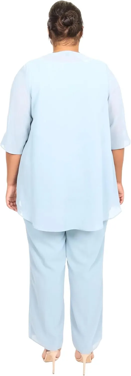 Le Bos Women's 3-Piece Pant Set with Embroidered Sleeveless Top and Flowing Chiffon Jacket