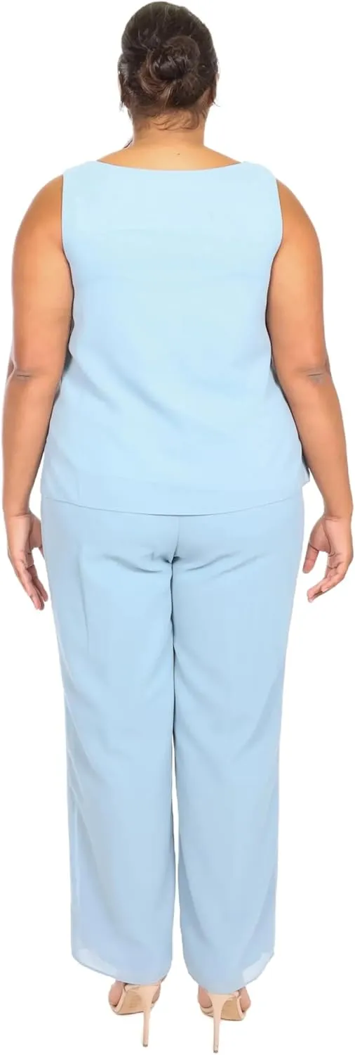 Le Bos Women's 3-Piece Pant Set with Embroidered Sleeveless Top and Flowing Chiffon Jacket