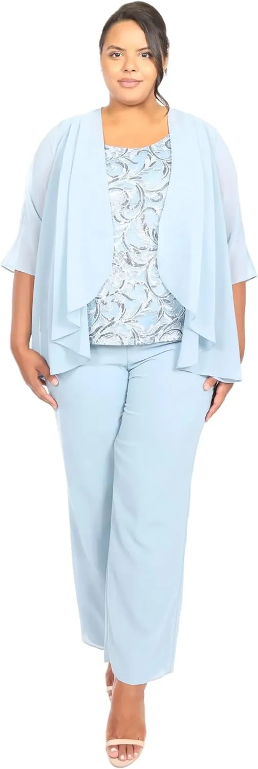 Le Bos Women's 3-Piece Pant Set with Embroidered Sleeveless Top and Flowing Chiffon Jacket