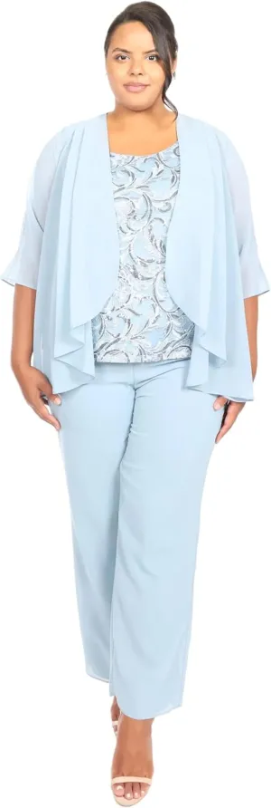Le Bos Women's 3-Piece Pant Set with Embroidered Sleeveless Top and Flowing Chiffon Jacket