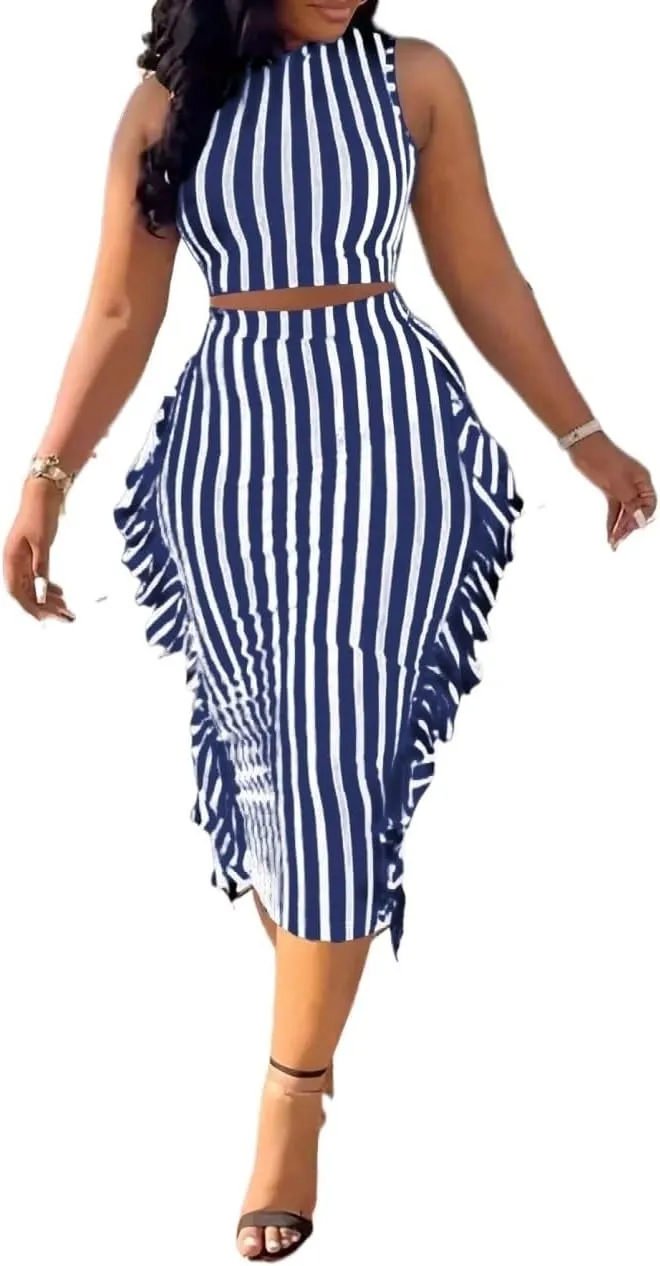 Lounge Sets for Women 2 Piece Striped Colorblock Printed Tasseled Mini Skirt And Tank Top Set