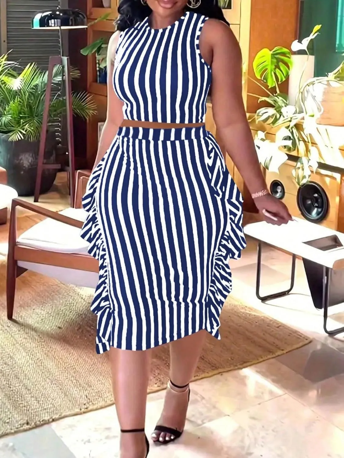 Lounge Sets for Women 2 Piece Striped Colorblock Printed Tasseled Mini Skirt And Tank Top Set