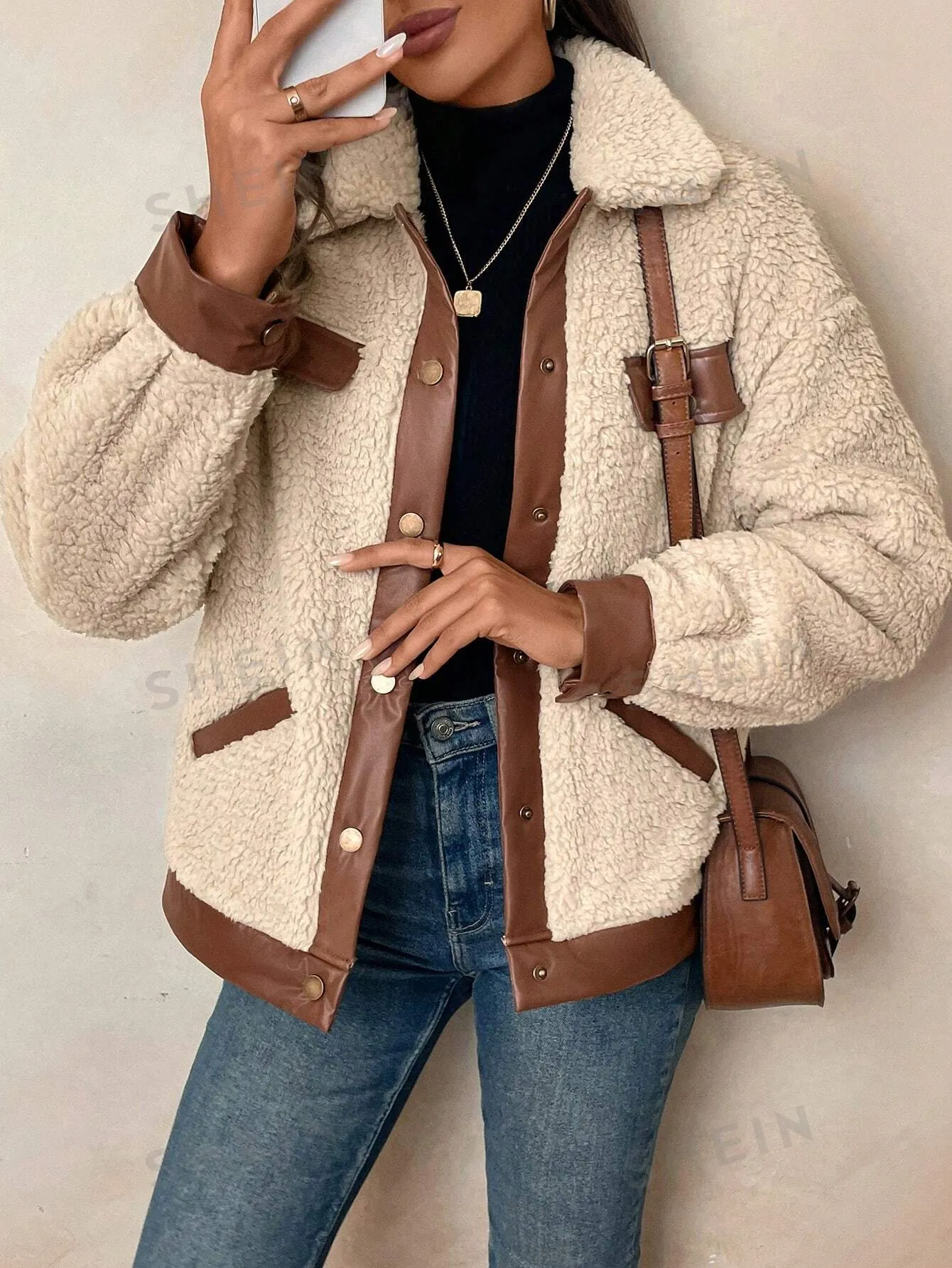 LUNE Women's Casual Warm PU Patchwork Faux Fur Pocket Jacket, Autumn/Winter