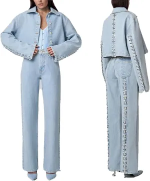 Mandonce Women's Two Piece Denim Set Loop Button Down Tank Jacket and Wide Leg Jeans 2 Piece Outfit Suits