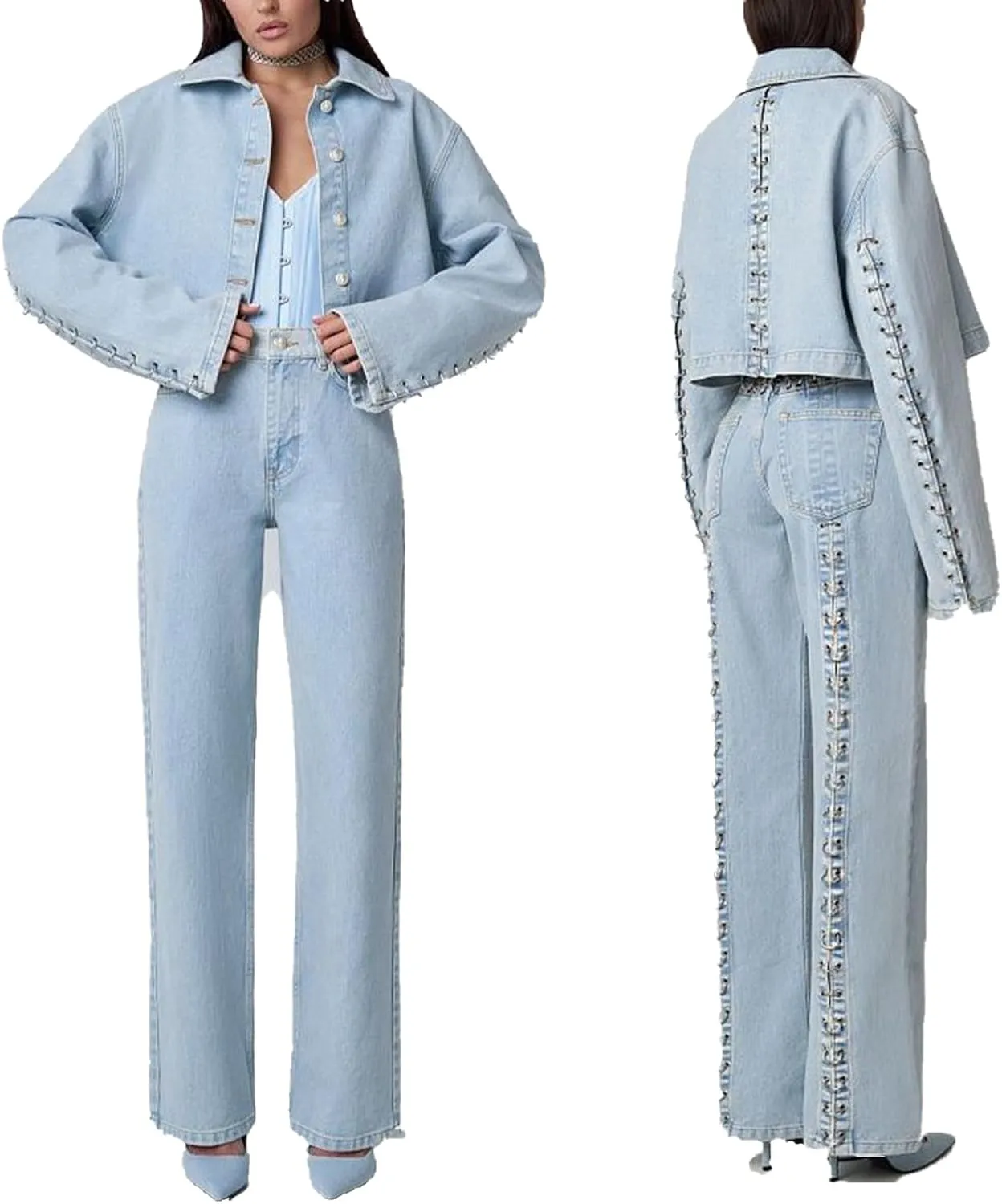 Mandonce Women's Two Piece Denim Set Loop Button Down Tank Jacket and Wide Leg Jeans 2 Piece Outfit Suits