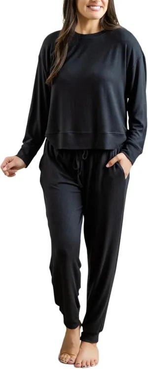 Mary Square Women's Casual Loungewear Outfit, Sophie Style Pullover and Pant Set, LuxSoft Fabric Black, 1X-Large