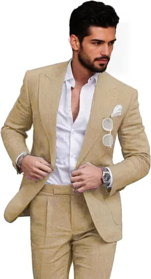 Mens Linen Suits 2 Piece Slim Fit Linen Suit for Men Retro Mens Suits for Beach Wedding Prom Suit Blazer Pants Set