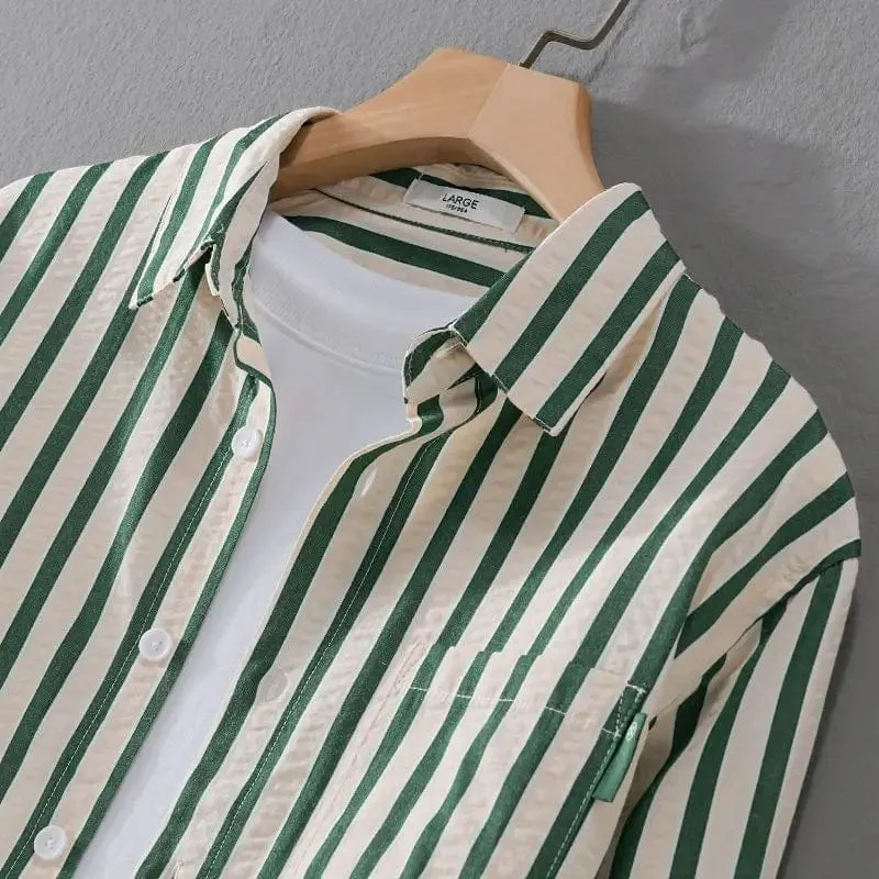 Men's Trendy Square Neck Button Long Sleeve Shirt with Stripe Pocket – Casual Elegance