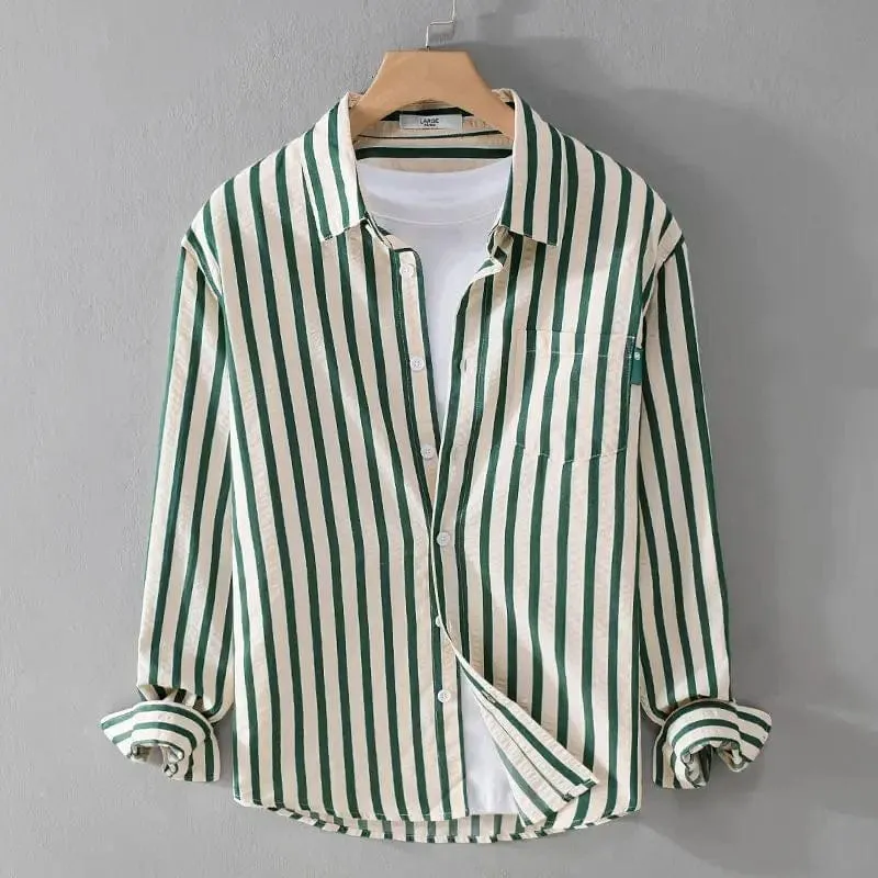 Men's Trendy Square Neck Button Long Sleeve Shirt with Stripe Pocket – Casual Elegance