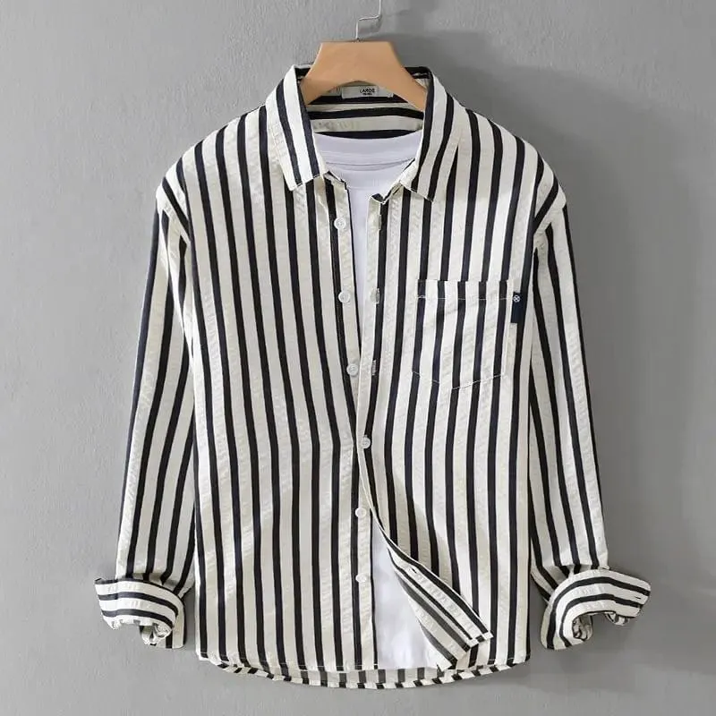 Men's Trendy Square Neck Button Long Sleeve Shirt with Stripe Pocket – Casual Elegance