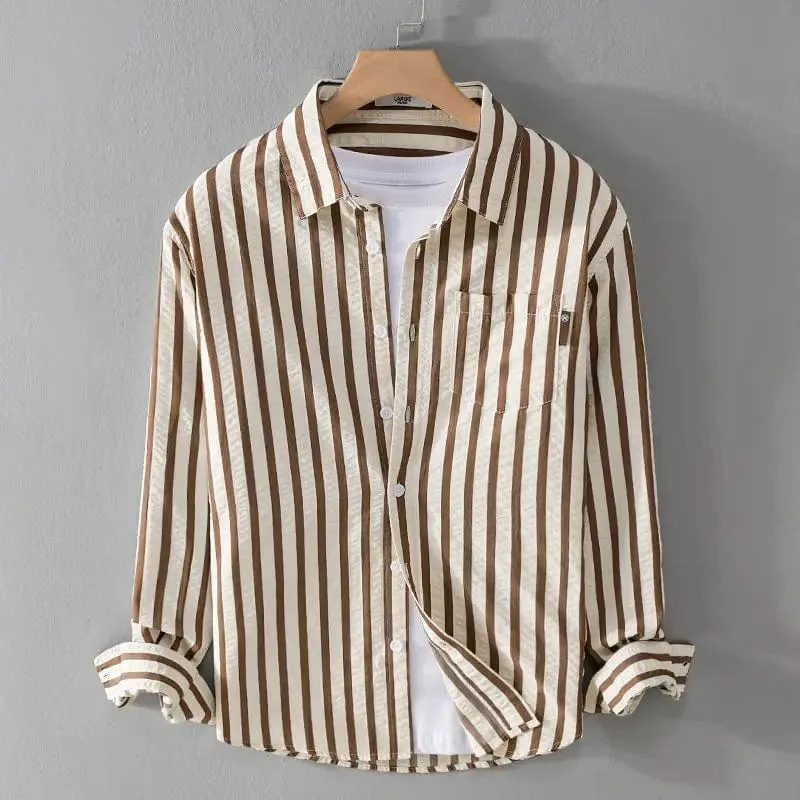 Men's Trendy Square Neck Button Long Sleeve Shirt with Stripe Pocket – Casual Elegance