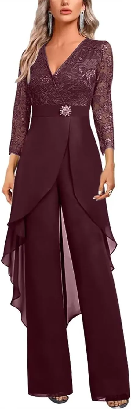 Mother of The Bride Pant Suits 2 Pieces 3/4 Sleeve Wedding Guest Jumpsuit for Women