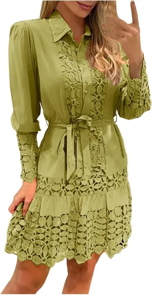 NaRHbrg Women Casual Spring Summer Dresses Long Sleeve Mini Dress Hollow Out Eyelet Embroidery Ruffle A Line Swing Dresses