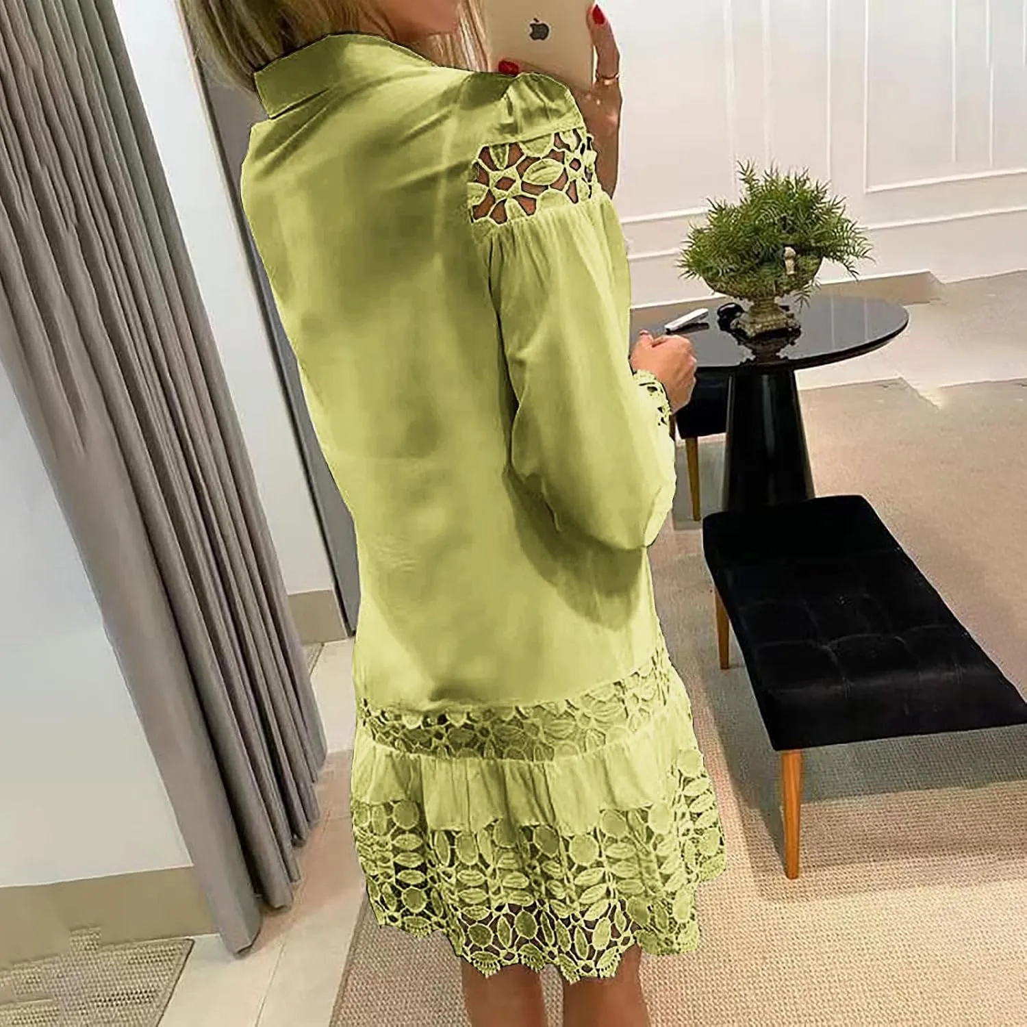 NaRHbrg Women Casual Spring Summer Dresses Long Sleeve Mini Dress Hollow Out Eyelet Embroidery Ruffle A Line Swing Dresses