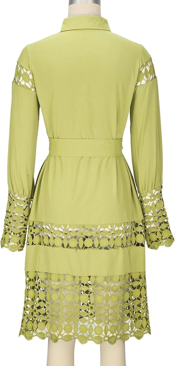 NaRHbrg Women Casual Spring Summer Dresses Long Sleeve Mini Dress Hollow Out Eyelet Embroidery Ruffle A Line Swing Dresses