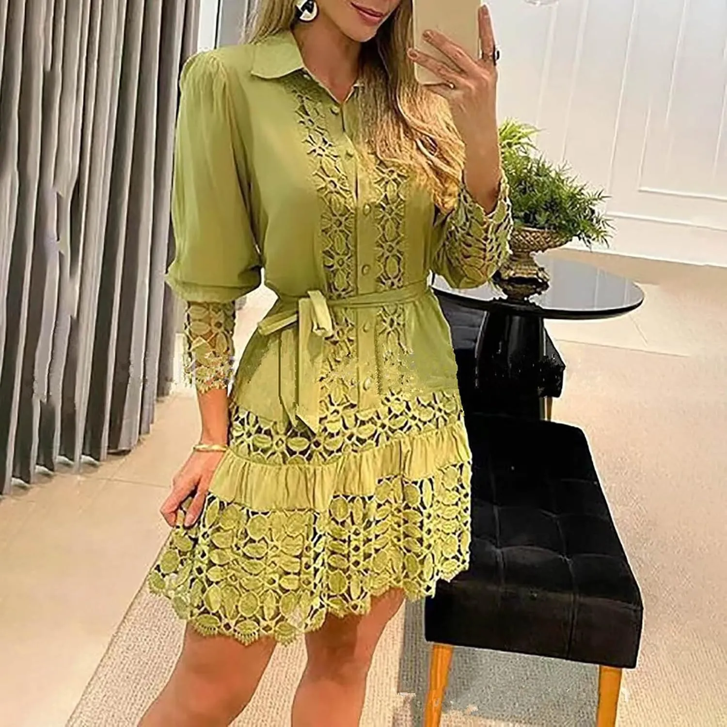 NaRHbrg Women Casual Spring Summer Dresses Long Sleeve Mini Dress Hollow Out Eyelet Embroidery Ruffle A Line Swing Dresses