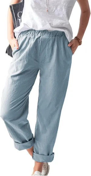 niuwa Cotton Linen Trousers for Women Elastic Waist Solid Color Casual Pants with Pockets Summer Boho Pants (Light Blue, L)