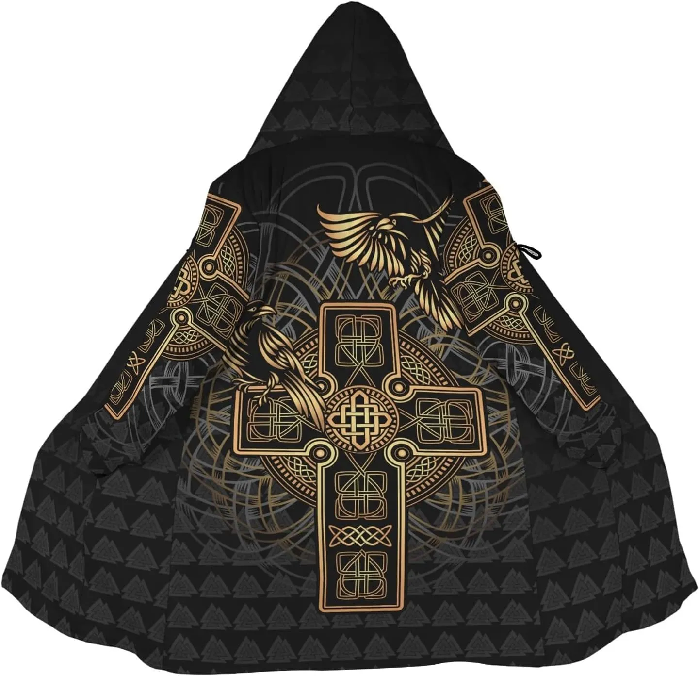 Odin Raven Men Viking Hooded Coat, Nordic Faux Cashmere Cloak 3D Printed Overcoat Winter Mid-Length Parka Jacket