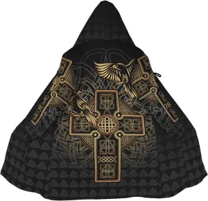 Odin Raven Men Viking Hooded Coat, Nordic Faux Cashmere Cloak 3D Printed Overcoat Winter Mid-Length Parka Jacket