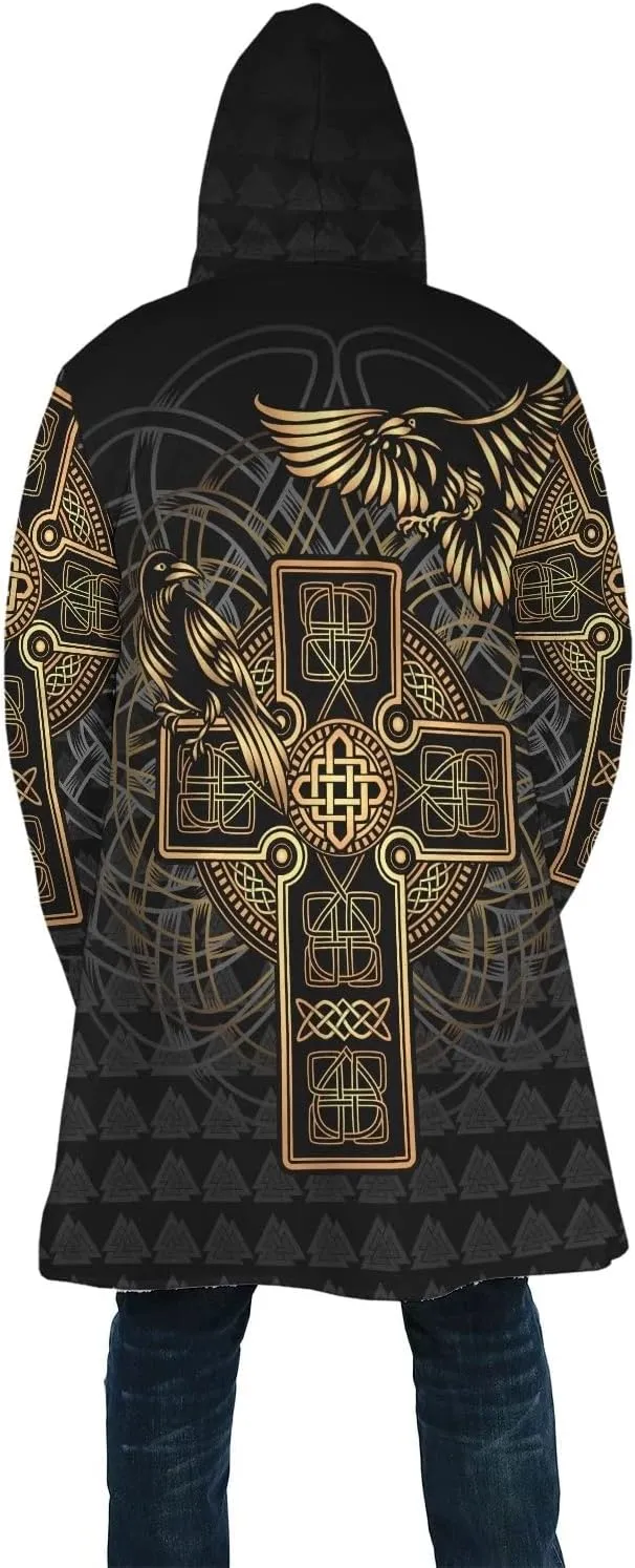 Odin Raven Men Viking Hooded Coat, Nordic Faux Cashmere Cloak 3D Printed Overcoat Winter Mid-Length Parka Jacket