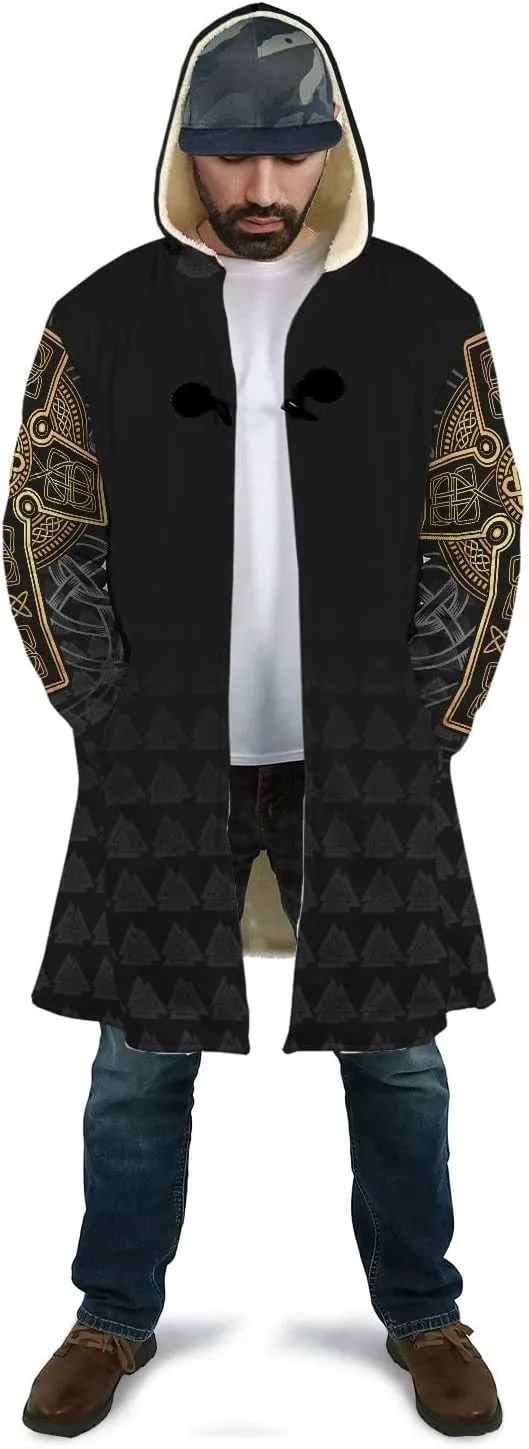 Odin Raven Men Viking Hooded Coat, Nordic Faux Cashmere Cloak 3D Printed Overcoat Winter Mid-Length Parka Jacket
