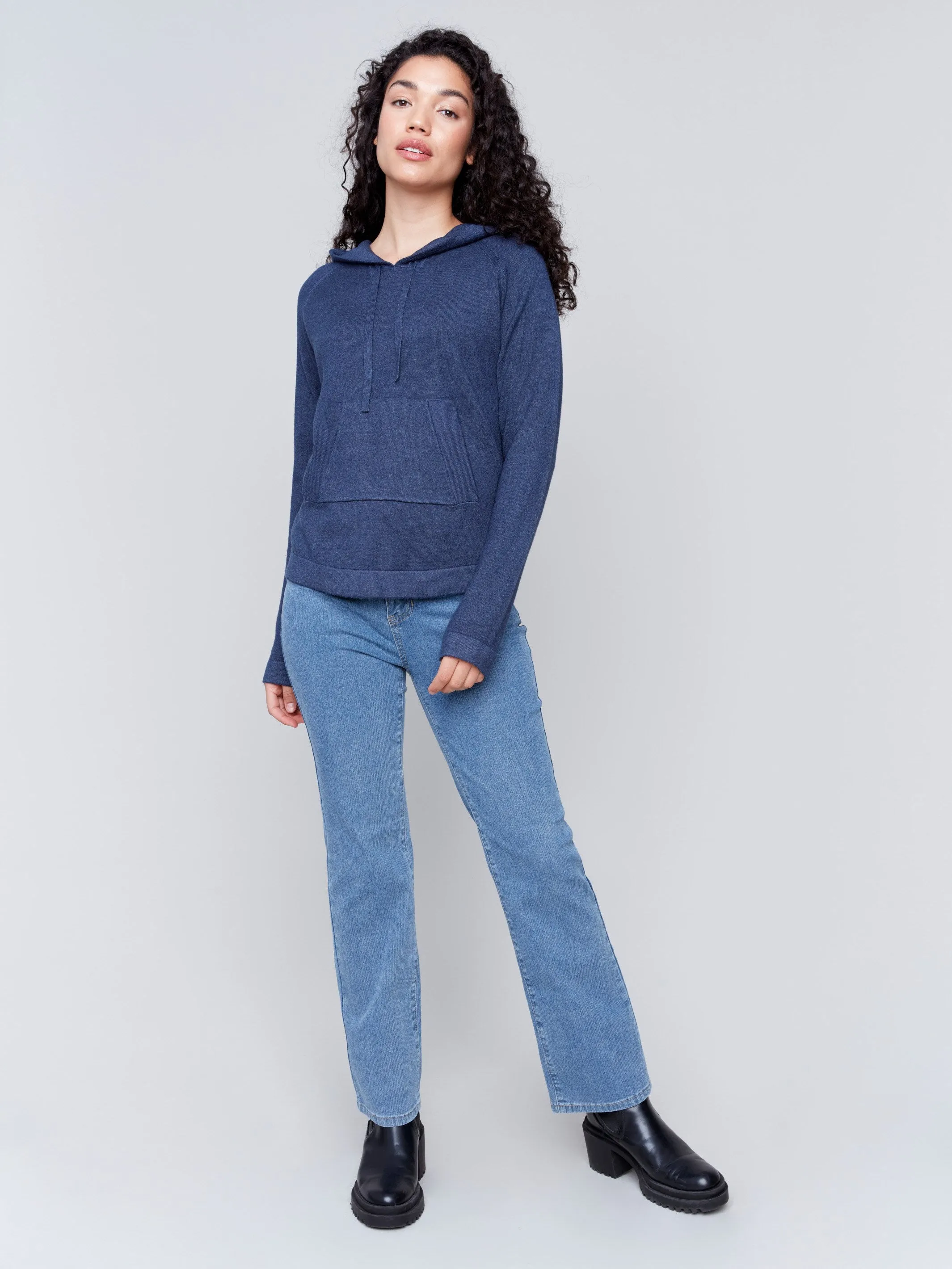 Plush Knit Hoodie Sweater - Denim - H-Denim