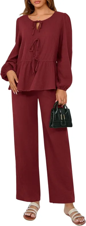 PRETTYGARDEN Womens 2025 Two Piece Outfits Tie Front Long Sleeve Top Wide Leg Pant Lounge Sets Cute Matching Loungewear