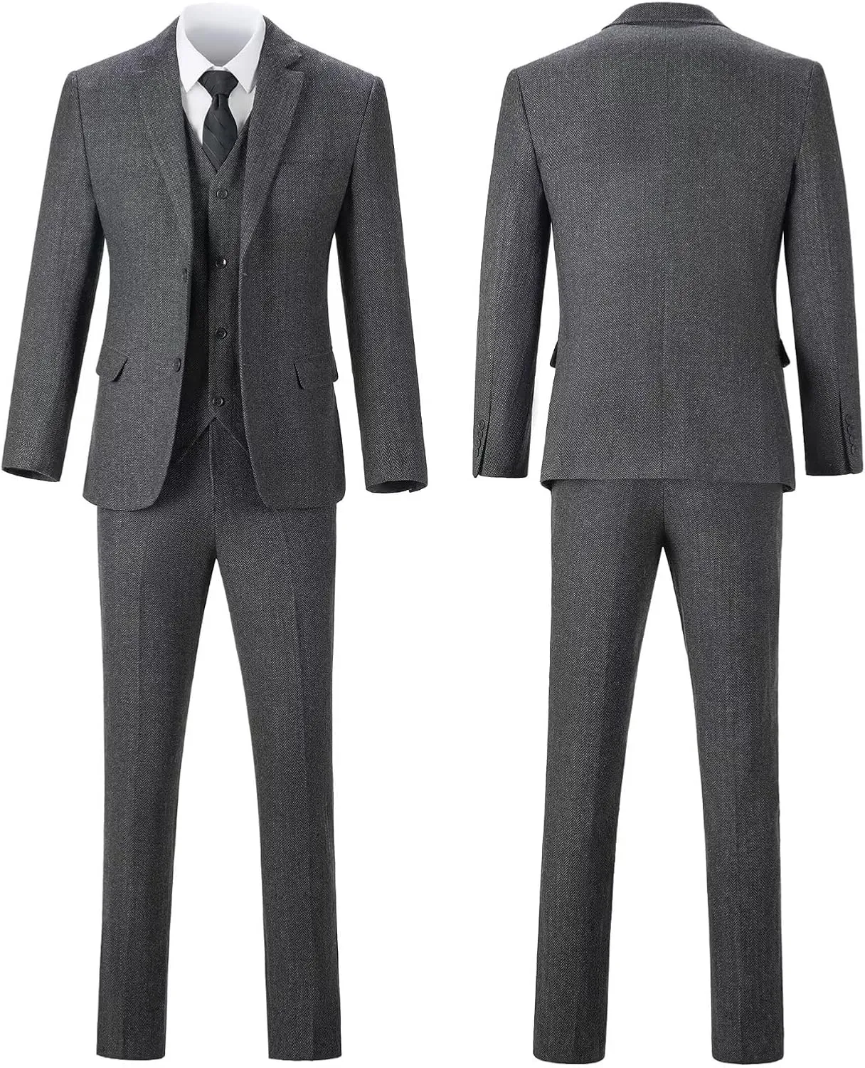 Retro 3 Piece Suit Tweed Herringbone Men's Suits Slim Fit Groom Tuxedos Set Prom Brown Grey Jacket Blazer Vest Pants