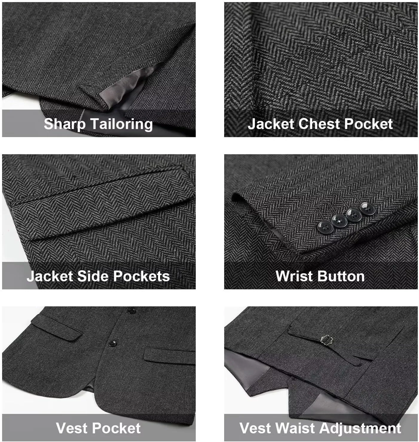 Retro 3 Piece Suit Tweed Herringbone Men's Suits Slim Fit Groom Tuxedos Set Prom Brown Grey Jacket Blazer Vest Pants
