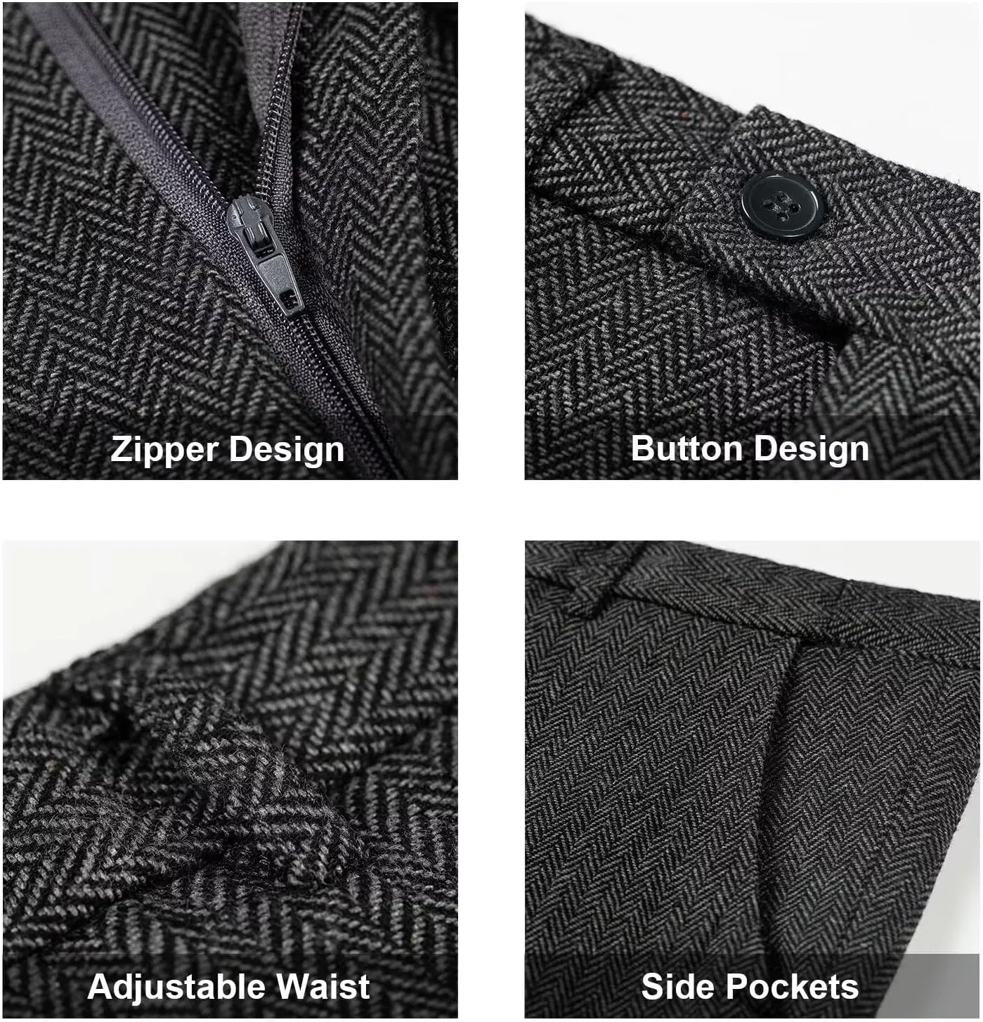 Retro 3 Piece Suit Tweed Herringbone Men's Suits Slim Fit Groom Tuxedos Set Prom Brown Grey Jacket Blazer Vest Pants