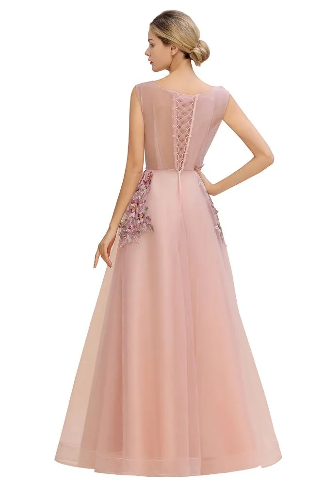 Sleeveless Aline Dusty Pink Long Evening Dress Tulle Lace Appliques Party Dress